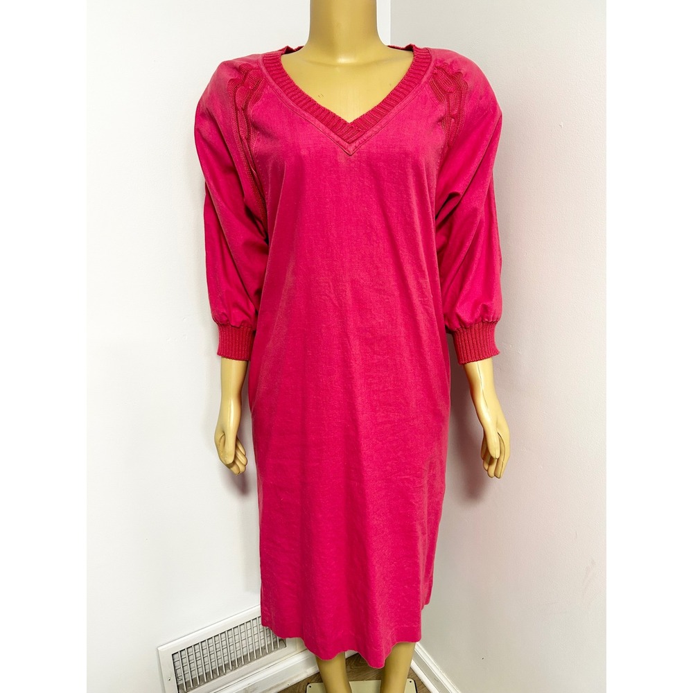 Vintage 80S La Petite Connection Jackie Taub Pink Crochet Trim V-Neck Midi Dress